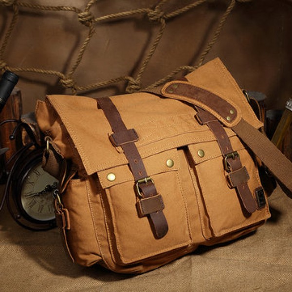 Men Cowhide Canvas Messenger Bag Vintage Fashion S...